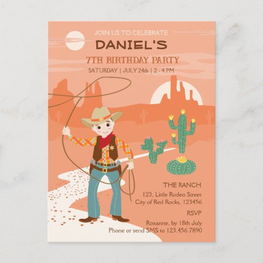 投げ縄とサボテンのカウボーイ子供の誕生日パーティー インビテーションポストカード (正面)