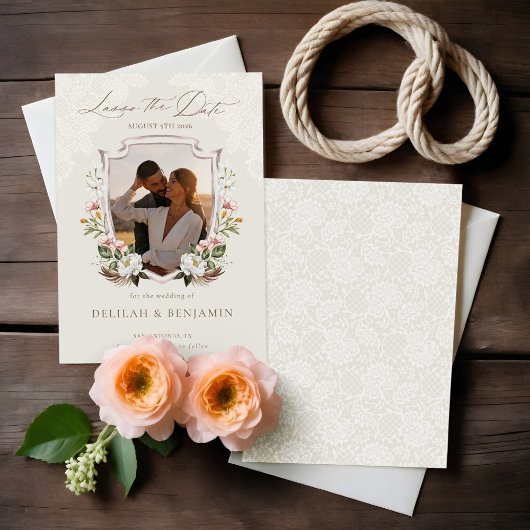 投げ縄Boho水色フローラ紋写真 招待状