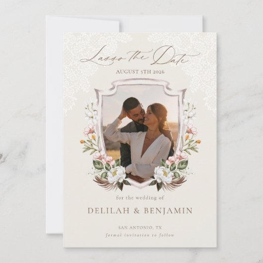 投げ縄Boho水色フローラ紋写真 招待状 (正面)