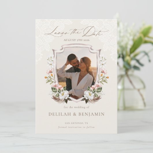 投げ縄Boho水色フローラ紋写真 招待状 (スタンド正面)