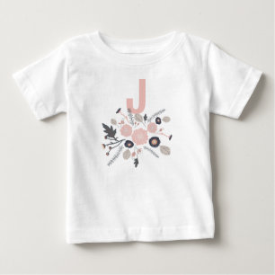 投げ花モチーフ灰色ピンクブラックイニシャル ベビーTシャツ