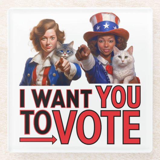 投票してほしい(キャットレディース) ガラスコースター (正面)