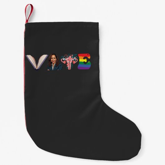 投票ブック子宮LGBT Kamala Harris Walz選挙 スモールクリスマスストッキング (正面)