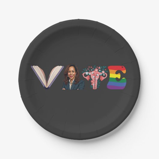 投票ブック子宮LGBT Kamala Harris Walz選挙 ペーパープレート (正面)