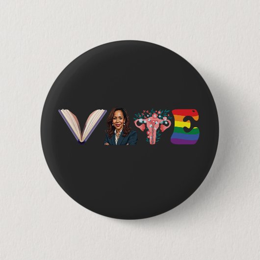 投票ブック子宮LGBT Kamala Harris Walz選挙 缶バッジ (正面)