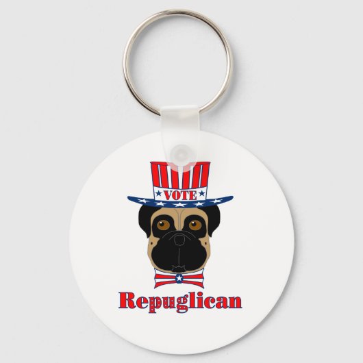 投票rePUGlican おもしろい Pug in赤白青帽子 キーホルダー (正面)