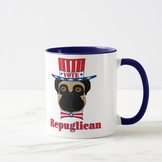 投票rePUGlican おもしろい Pug in赤白青帽子 マグカップ (右)