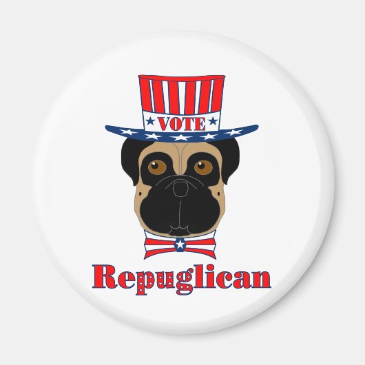 投票rePUGlican おもしろい Pug in赤白青帽子 マグネット (正面)