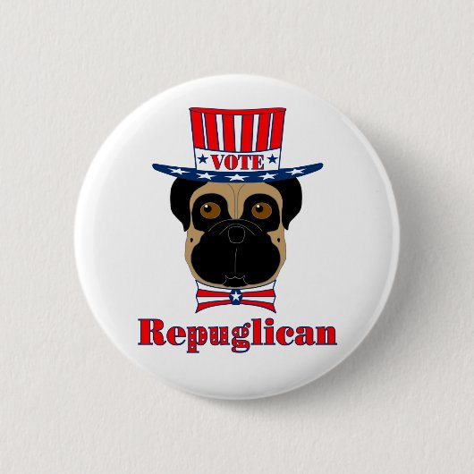 投票rePUGlican おもしろい Pug in赤白青帽子 缶バッジ (正面)