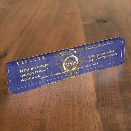 投資顧問、金ゴールドリングや輪、ブルーレザー効果 デスクネームプレート (側面)