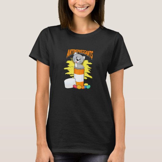 抗うつ薬グレー猫のナチュラルストライプ柄 Tシャツ (正面)