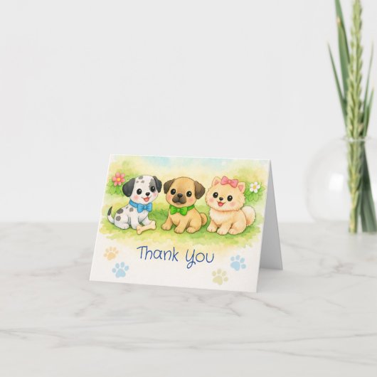 折りたたみ式サンキューミニカード 水彩の子犬 サンキューカード (正面)