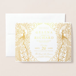 折りエレガント畳みアールデコ孔雀結婚式招待状 箔カード