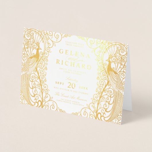 折りエレガント畳みアールデコ孔雀結婚式招待状 箔カード (正面)