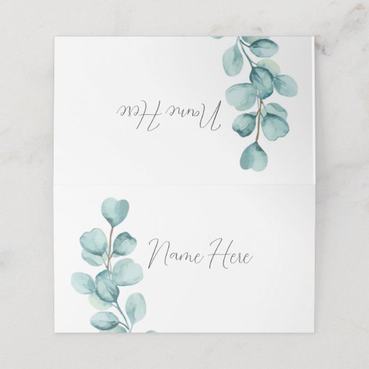 折り畳まれたネーム結婚カードのユーカリ離れス・グリーン プレイスカード (外部開封)