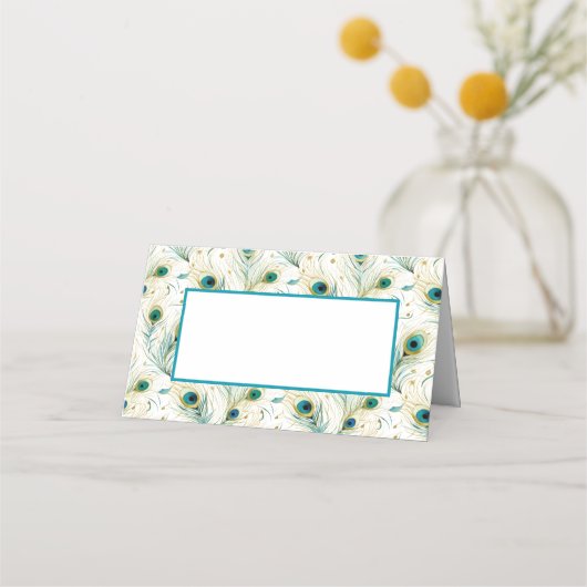 折り畳まれた名前座席表 – 孔雀の羽 プレイスカード (正面)