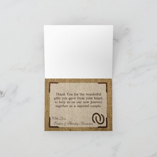 折り畳まれた感謝のカード 馬の蹄鉄が付いた麻のレース サンキューカード (内部)