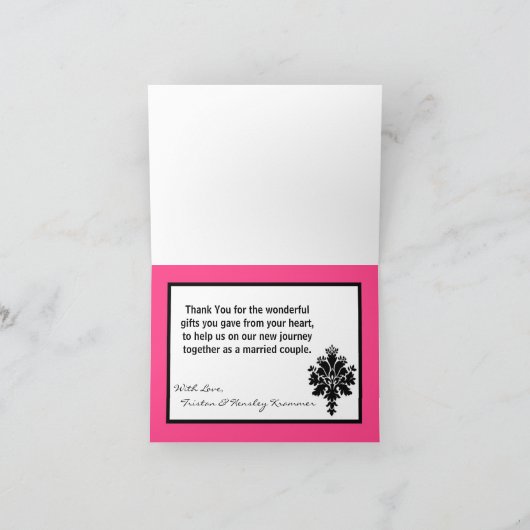 折り畳まれた感謝カード ブラック ホットピンク ダマスクレース サンキューカード (内部)