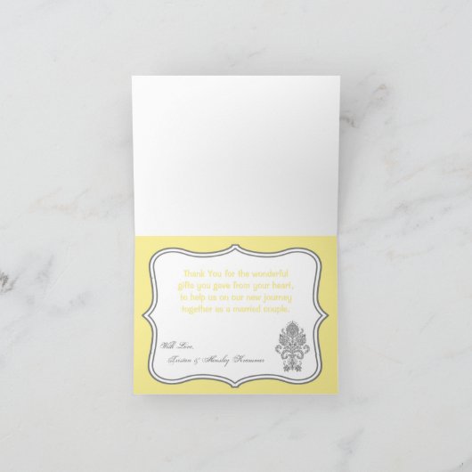 折り畳まれた感謝カード 灰色黄色のダマスク織レース サンキューカード (内部)