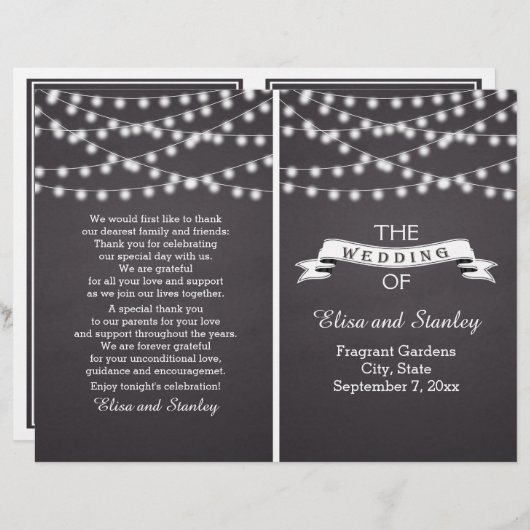 折り畳まれた結婚式のプログラム上のストリングライト (正面/裏面)