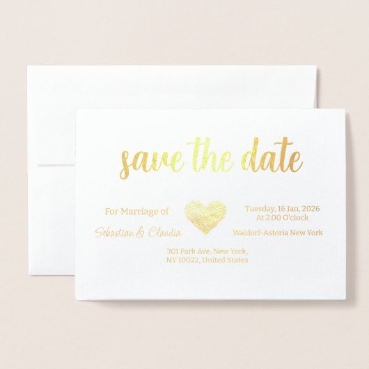 折り畳まれた結婚式の日付の保存テンプレート 箔カード (封筒付き正面)