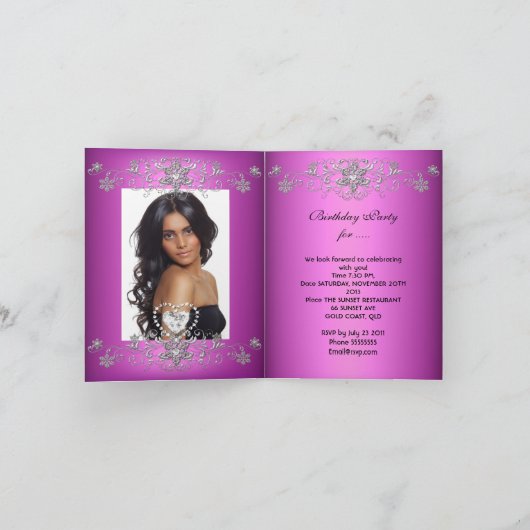 折り畳みカードキンセアニェラピンクグリッターティアラ 招待状 (内部)