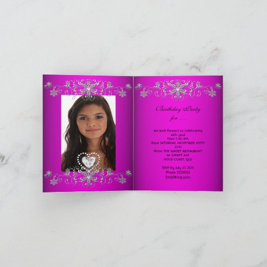 折り畳みカードキンセアニェラピンクティアラ写真 招待状 (内部)