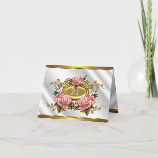 折り畳みカード21th誕生日ピンクの金ゴールドバラホワイト3 招待状 (正面)