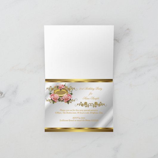 折り畳みカード21th誕生日ピンクの金ゴールドバラホワイト3 招待状 (内部)