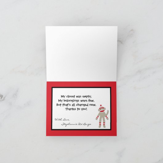 折り畳みサンキューカード赤水玉模様靴下猿玩具 サンキューカード (内部)