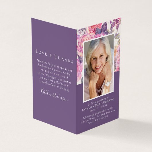 折り畳みパープルフローラメモリアル祈りの言葉カード 名刺 (外部)