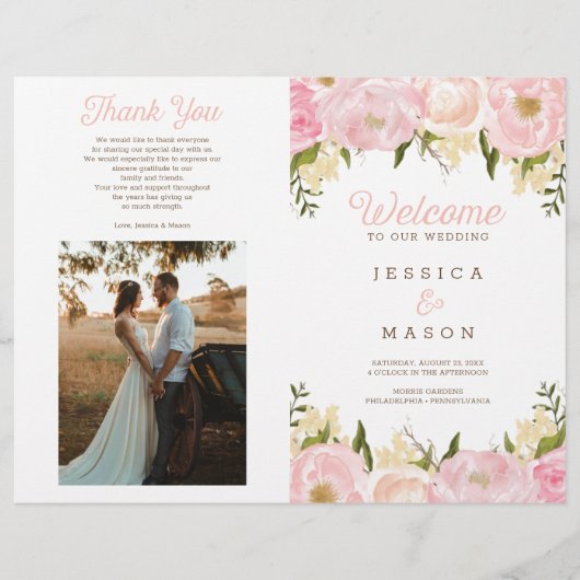 折り畳みピンクフローラ結婚式 プログラム チラシ