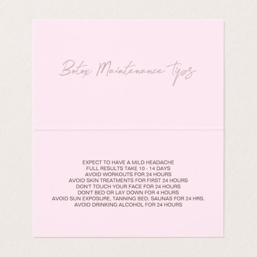折り畳みピンクボトックスフィラーアフターケアカード 名刺 (内部フラット)