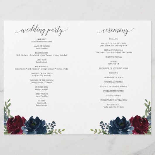 折り畳みブルゴーニュ海軍結婚式 プログラム冊子 チラシ (裏面)