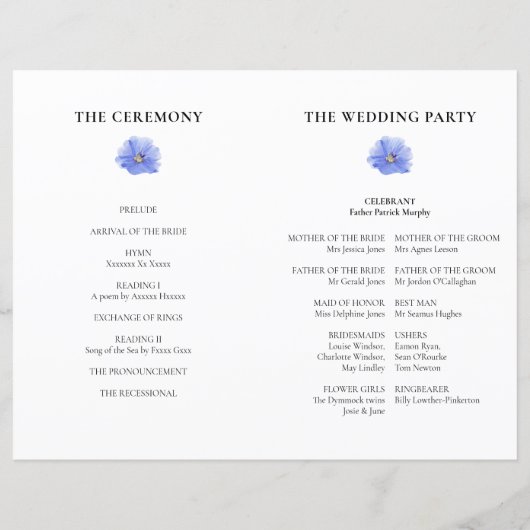 折り畳み淡い色の可能な青フローラ結婚式 プログラム (裏面)