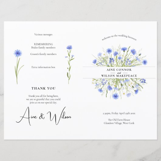 折り畳み淡い色の可能な青フローラ結婚式 プログラム (正面)