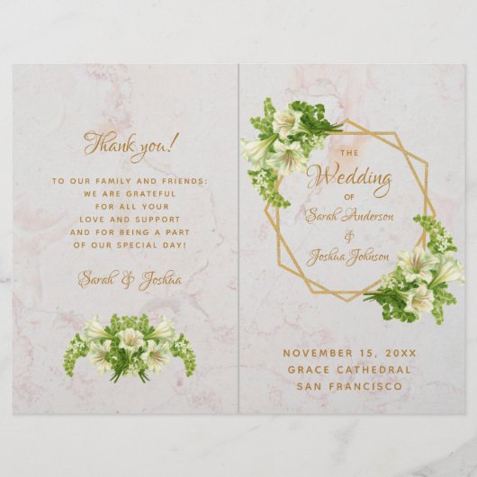 折り畳み結婚式 プログラム – 大理石金ゴールドホワイトリリー (正面)