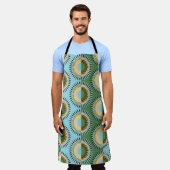 折り畳み花：レトロな青緑色のパターン。 エプロン (着用した状態)