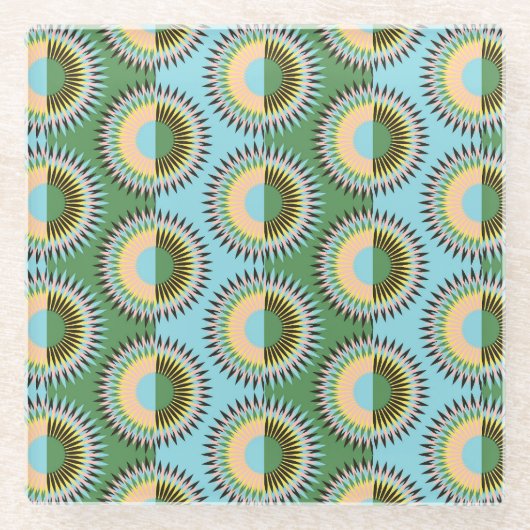 折り畳み花：レトロな青緑色のパターン。 ガラスコースター (正面)