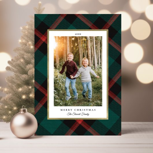 折り畳み赤と緑の格子模様の写真クリスマス カード