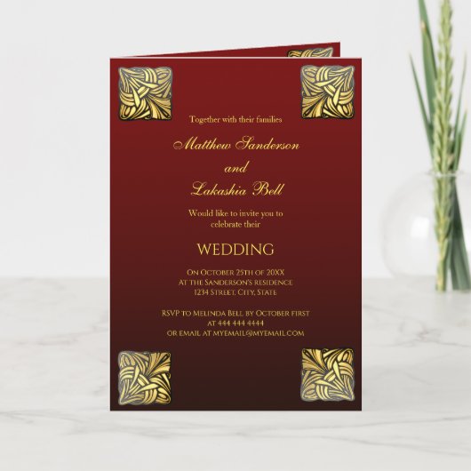 折り畳結婚まれたカードブルゴーニュ金ゴールドとメニュー 招待状 (正面)