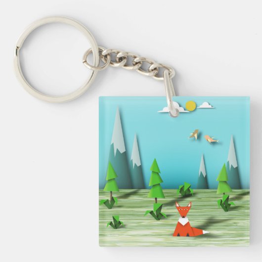 折り紙の森の風景とキツネの山と鳥 キーホルダー (正面)