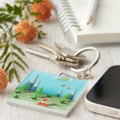 折り紙の森の風景とキツネの山と鳥 キーホルダー