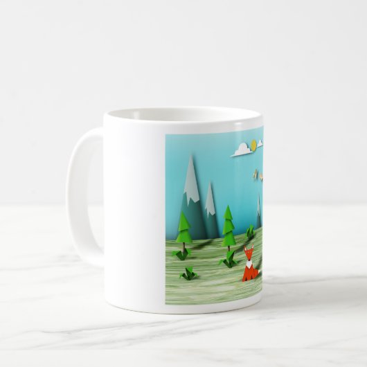 折り紙の森の風景とキツネの山と鳥 コーヒーマグカップ (正面左)