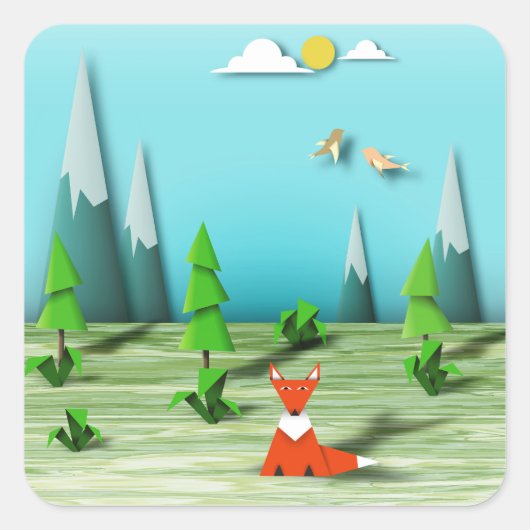 折り紙の森の風景とキツネの山と鳥 スクエアシール (正面)
