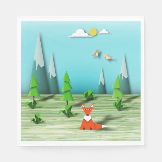 折り紙の森の風景とキツネの山と鳥 スタンダードランチョンナプキン (正面)