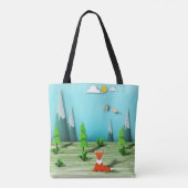 折り紙の森の風景とキツネの山と鳥 トートバッグ (裏面)