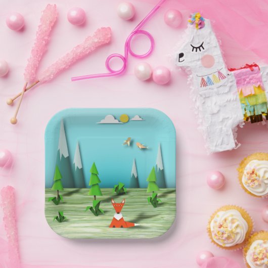 折り紙の森の風景とキツネの山と鳥 ペーパープレート (パーティー)