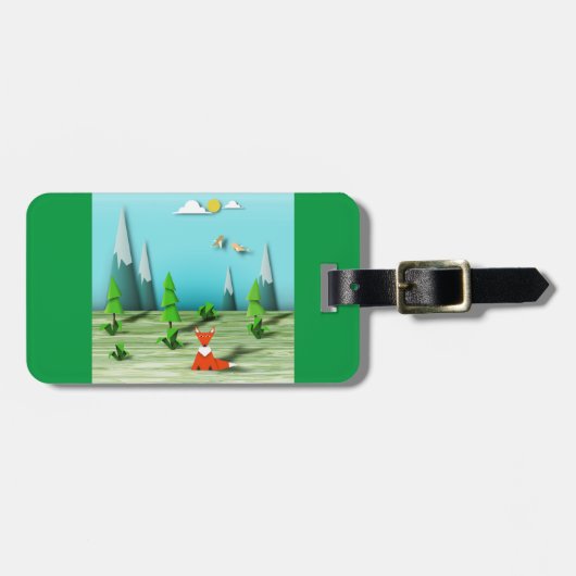 折り紙の森の風景とキツネの山と鳥 ラゲッジタグ (正面横)