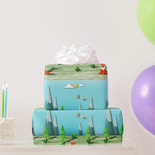 折り紙の森の風景とキツネの山と鳥 ラッピングペーパー